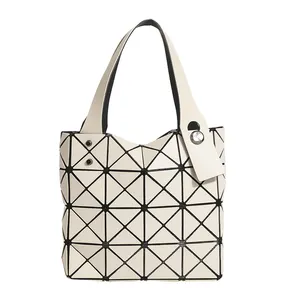 Fashionable Ladies Small Square Quilted PVC Tote Bag Lattice Geometric Pattern Linen Lining Single Candy Chain Handbag Women