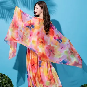 New Fashion Floral Print Lady 100% Chiffon Women Scarf Lightweight Large Size 200センチメートル * 70センチメートルショールScarves Holiday Beach Cover Up