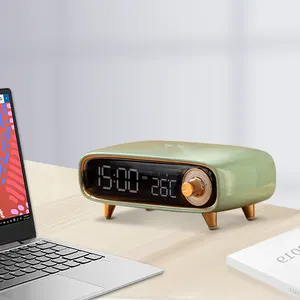 Retro Desktop Decoration Professional Active Wireless Computer Mini Portable Bt Speakers With Clock Wireless Charging