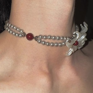 Prise en charge de l'embossage de logo, collier en perles argentées motif fleur d'iris, collier ras du cou unisexe, fabricant de cuir. - Product Image 3