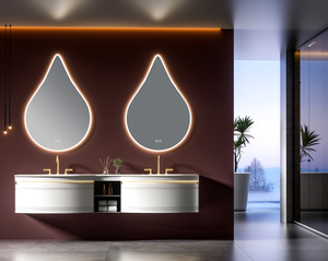 Mueble de baño de acero inoxidable de diseño moderno, tocadores de inodoro impermeables con lavabo de cerámica y espejo enmarcado para villas - Product Image 1