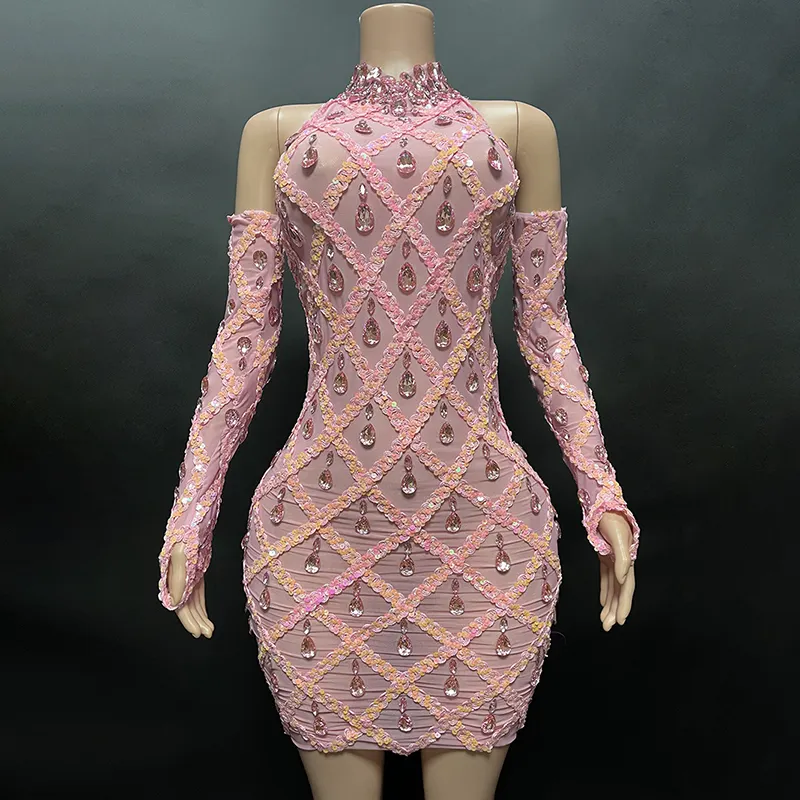 Vestidos de LICRA brillantes con diamantes de imitación para mujer, vestido de noche sexy rosa para fiesta 2023