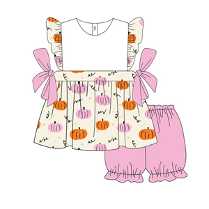 Ropa a juego personalizada para <span class=keywords><strong>Hermanas</strong></span>, conjunto de pantalones cortos de <span class=keywords><strong>dos</strong></span> piezas, conjunto de algodón con estampado de calabaza y lazo, traje para niñas pequeñas, venta al por mayor - Product Image 2