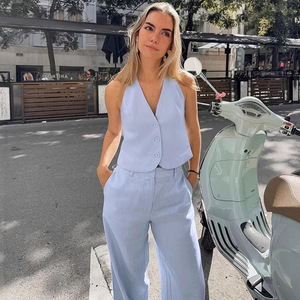 Completo da donna estivo 2026 nuovo di tendenza, elegante e raffinato, in cotone e <span class=keywords><strong>lino</strong></span> <span class=keywords><strong>blu</strong></span>, con gilet senza maniche e <span class=keywords><strong>pantaloni</strong></span>. - Product Image 4