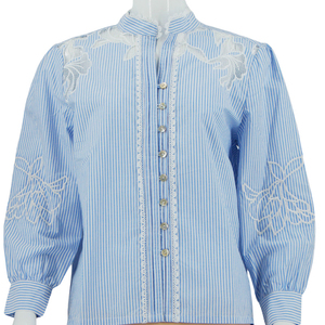 Nuova Camicetta Casual Personalizzata ODM con Stampa Floreale e Righe, Maniche Lunghe con Volant in <span class=keywords><strong>Pizzo</strong></span>, Abbigliamento Femminile - Product Image 3