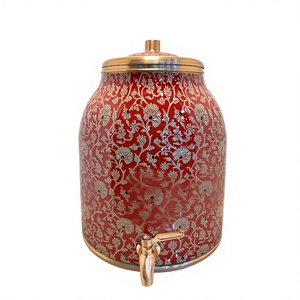 Royal Red Floral Printed Pure <b>Copper</b> Water Dispenser Tank 8L Luxury Golden Jaal Pattern Matka Leakproof Water Camper with Tap - Product Image 1
