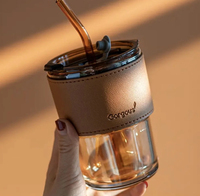 Mug à café anti-brûlure en bambou simple de haute qualité, avec paille, bouteille en verre borosilicate, couvercle sans BPA, personnalisable, motif dessin animé mignon