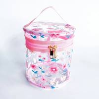 Pochette de maquillage cylindrique transparente en PVC résistante à l'eau pour femme, avec fermeture éclair dorée et poignée souple pour l'organisation