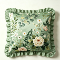 Housse de coussin en coton 100% à imprimé botanique vert premium avec volants unis, taie d'oreiller décorative tissée douce pour le salon