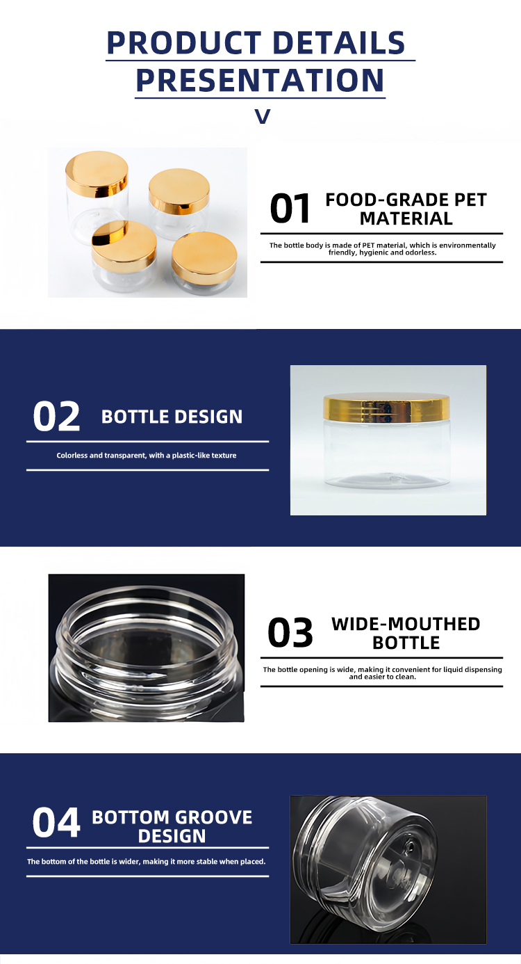 Luxury Plastic Container Jars with Gold Lids 20ml 30ml 50ml 60ml Empty Face Cream PET Powder Jars Skin Care Packaging