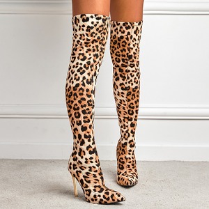 Women New Leopard 11cm Knee High Boots Pointed Elastic Fabric <b>Pole</b> <b>Dancing</b> Sexy Model Socks Boots - Product Image 3