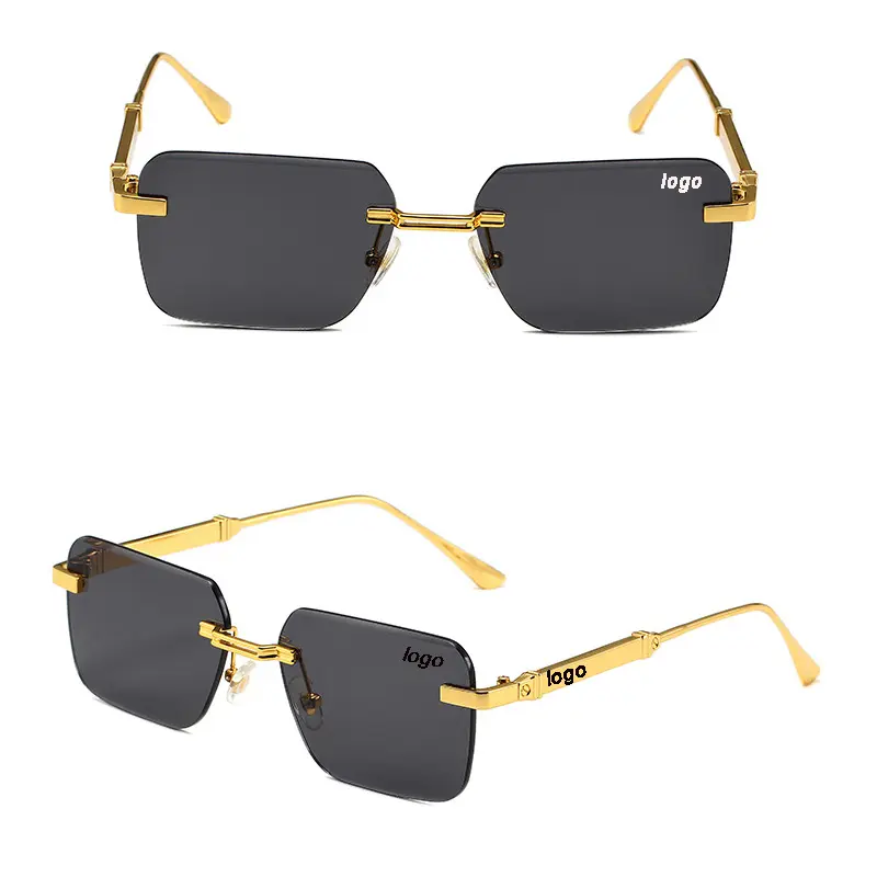 2024 Trendy Unisex Frameless Sunglasses Gold Rectangle Square UV400 Protective Lenses Fashionable Street Style Photographers'