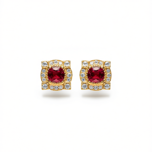 Orecchini a perno E1658 in oro con rubino e diamanti taglio brillante rotondo incastonati a castone, gioielli da sposa classici geometrici da donna - Product Image 1