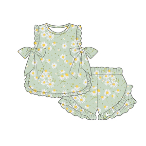 Ensemble short sans manches en soie de lait personnalisé pour filles / Tenue d'été à volants et nœuds pour enfants OEM ODM Usine de vêtements pour enfants - Product Image 1