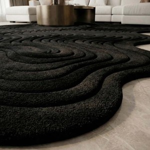 Tapis d'appoint noir de luxe à motif abstrait, tapis en laine tufté à la main à motif ondulé moderne, grand tapis de salon design, tapis moelleux et doux pour la décoration du sol - Product Image 5