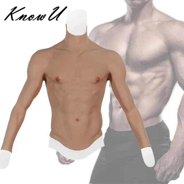 KnowU Com Braço Cosplay Upgrade Fake Belly Muscle suit Silicone Muscle Chest Com Braços Realista Colete Peito Masculino