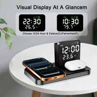 3-in-1 draadloos oplaadstation voor iPhone 17/17 Air 16 15 14 13 12 11 voor Airpods met wekker, temperatuurmeter & penhouder