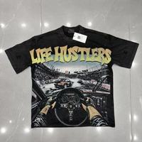T-shirt à manches courtes pour homme Life Hustlers, nouveau motif imprimé, lettres en strass, style streetwear hip-hop, noir