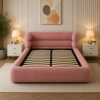Lit de rangement rembourré rose en tissu Teddy Bear avec vérin à gaz et système de levage, taille personnalisée, vente en gros d'usine