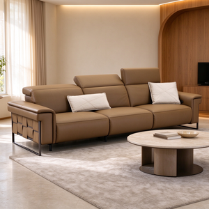 Sofá Reclinable Eléctrico de Cuero de 3-4 Plazas con Reposapiés, Reposabrazos Tejidos, Cojín de Respaldo Suelto y Patas Metálicas Delgadas para Sala de Estar Moderna o Vestíbulo de Hotel - Product Image 1