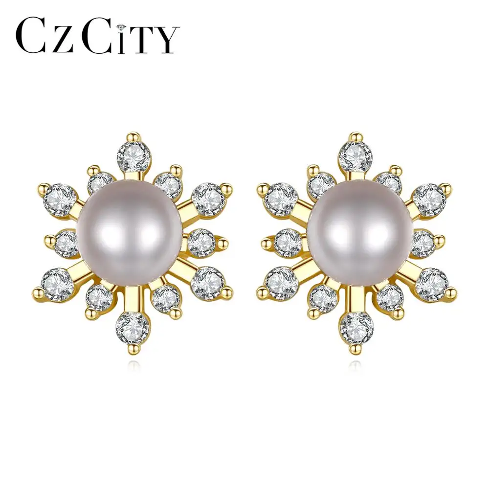 CZCITY Perhiasan Perak Mewah Cantik, Anting-Anting Mutiara Bunga Zirkonia Kubik Besar, Perhiasan Anting-Anting Perak Mewah