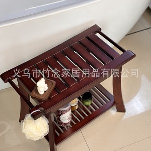 Étagère de salle de bain, tabouret de douche 60x30x45cm, en bois massif, multifonctionnel avec étagère de rangement, rouge vin, marron - Product Image 2