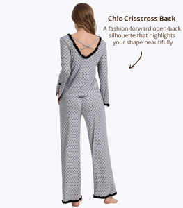 Ensemble de pyjama gris à pois pour femme, personnalisé, en modal, à manches longues, avec bordure en dentelle, vêtements de détente doux et extensibles en coton de bambou, vente en gros - Product Image 2