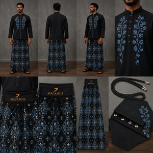 Ensemble kurta en coton noir brodé pour hommes adultes avec motif floral et jupe à cordon de serrage respirant - Product Image 2