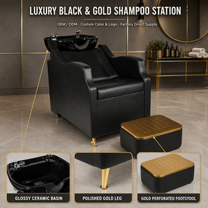 Unité de lavage de <span class=keywords><strong>cheveux</strong></span> professionnelle de luxe <span class=keywords><strong>pour</strong></span> salon de coiffure, fauteuil de lavage inclinable avec pieds dorés et repose-pieds doré indépendant - Product Image 5