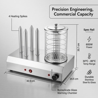 Grille à hot-dogs professionnelle en acier inoxydable avec 4 fers, couvercle en verre, thermostat 30-85°C, finition brossée, idéale pour restaurants, hôtels et buffets
