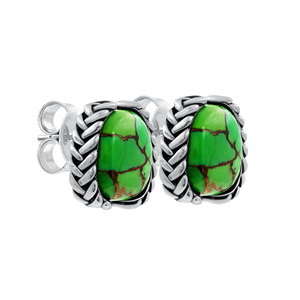 GOURIK Green Copper Turquoise <b>Stud</b> Earrings 925 <b>Sterling</b> <b>Silver</b> Vintage Claw Setting Oxidized Women's Everyday Wear - Product Image 3