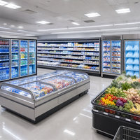 Ensemble d'équipements de réfrigération pour supermarché : Vitrine réfrigérée pour boissons, Congélateur îlot combiné, Réfrigérateur-vitrine pour vins et boissons