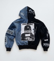 DIZNEW Veste à capuche reconstituée pour homme, en polaire noire, avec imprimé épines, patchwork bleu, empiècements en jean, badges et œillets, style streetwear déstructuré