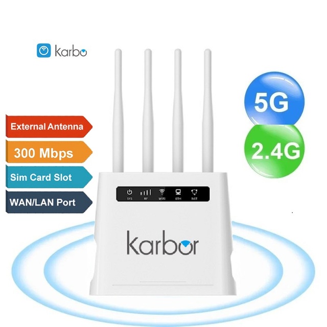 Karbor CPE 4G LTE Wireless Router with WiFi 6 4 External Antennas 2.4G/5G Sim Card Slot for Home VoIP VPN & QoS