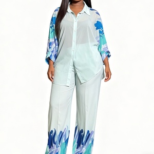 Ensemble chemise à imprimé abstrait et pantalon large pour <span class=keywords><strong>femme</strong></span>, <span class=keywords><strong>tenue</strong></span> décontractée, ensemble 2 pièces, Sehefashion - Product Image 1