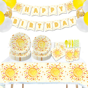 Sun-Themed Party Supplies Set <b>Paper</b> Plates Napkins <b>Tablecloth</b> Banner Birthday Decoration Disposable 5-7 Years - Product Image 1