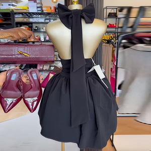 Vestido Corto Elegante Estilo París para Mujer, Verano 2025, Formal, Corte A, Poliéster/Algodón, Cuello en V, Lazo en <span class=keywords><strong>la</strong></span> Espalda, Cintura Alta, para Cena - Product Image 4