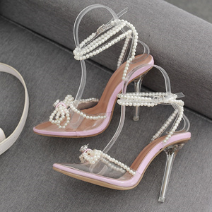 Sandales tendance à bout pointu avec nœud, talon femme, bride cheville croisée, été, perles argentées, talons pour femmes 2024 - Product Image 5
