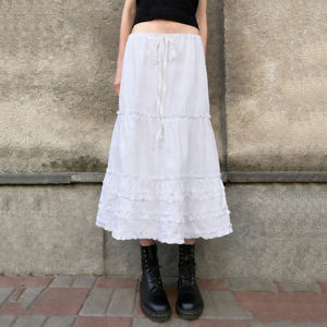 Jupe longue style français à volants pour femme, taille basse, coupe trapèze ample, amincissante, décontractée - Product Image 6