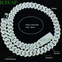Collier Moissanite 15 mm, 3 rangs, chaîne cubaine glacée, en argent 925, pour homme, bijoux hip-hop