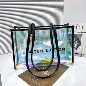 도매 패션 방수 투명 홀로그램 레이저 Pvc 토트 쇼핑 가방 홀로그램 무지개 빛깔의 투명 어깨 가방