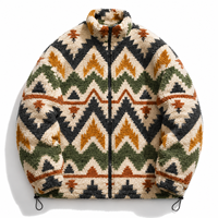 Veste polaire personnalisée pour homme, jacquard géométrique, sherpa, chaude, épaisse, zippée, col montant, hiver, streetwear, vente en gros