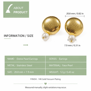 Boucles d'oreilles clous en acier inoxydable plaqué or 14K sous vide avec détail perle artificielle, boucles d'oreilles texturées et imposantes - Product Image 2