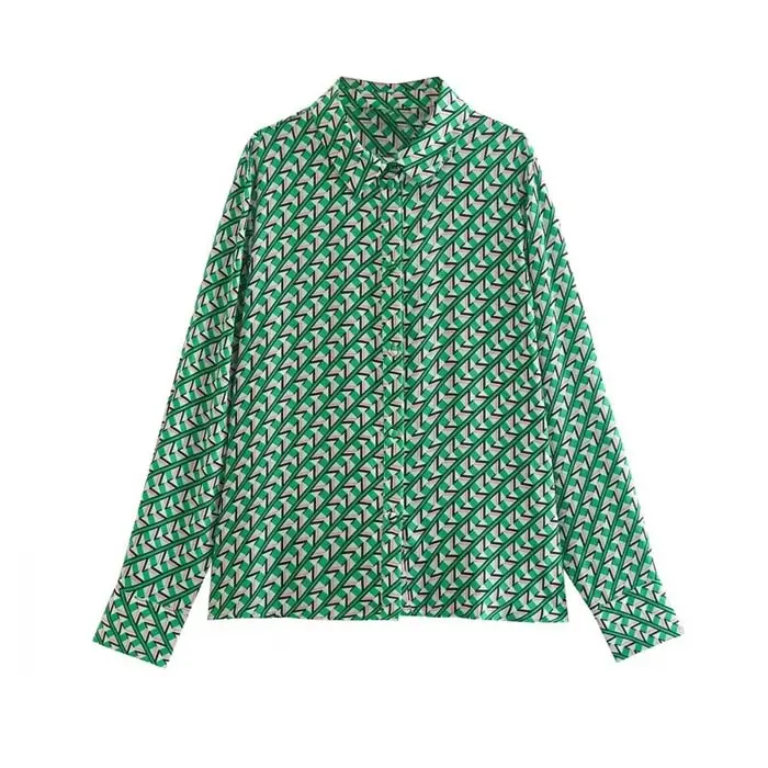 CS8885 New 2023 Autumn Stylish Green Geometric Print Long Sleeve Blouse Women Shirt Tops 11