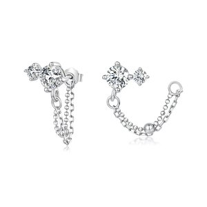 Silver Plated Zircon Stud <b>Earrings</b> With Chain <b>Dangle</b> Women's Trendy Party Jewelry Round Brilliant Cut Alloy Fashion Ear Studs - Product Image 1