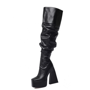 Bottes à plateforme longues pour femmes, grande taille 46, coupe large, tige extra large, bottines au-dessus du genou, talons hauts et épais, chaussures pour femmes - Product Image 5