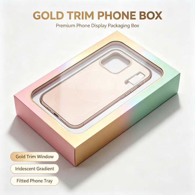 Custom Gold Trim Phone Box Iridescent Paper Gift Box For Phone Case Accessory Packaging