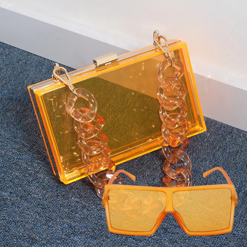 Toptan moda akrilik Crossbody çanta maç seti turuncu pembe şeffaf debriyaj çanta setleri eşleşen güneş gözlüğü çanta bayanlar