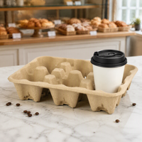 Plateau à boissons compostable en pulpe pour 6 gobelets, empilable, jetable, pour la restauration, vente en gros, support de gobelets d'usine