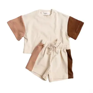 Conjunto de cor bloco de terno de menina manga curta camiseta shorts verão conjunto de corrida infantil